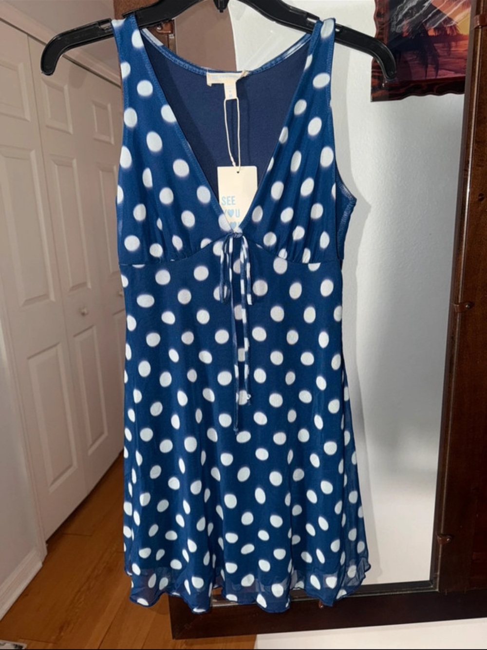 See You Monday Navy Blue and White Polka Dot V-Neck Mini Dress